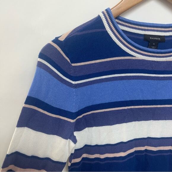 New Halogen Striped Sweater Thin Blue White Purple Nordstrom Crew Neck Size XS - Picture 4 of 6
